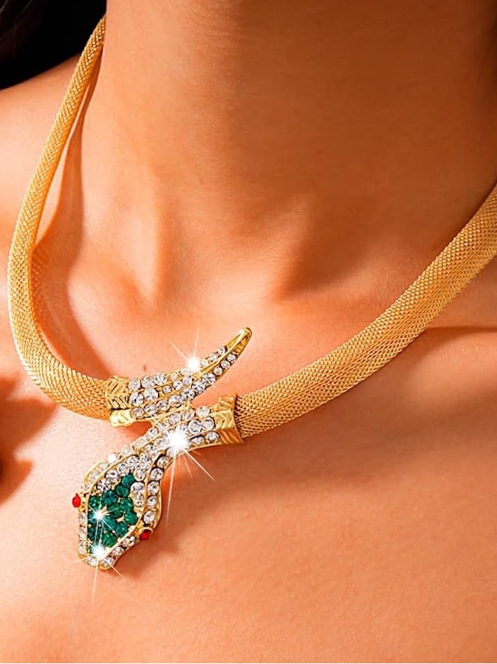 Anthropologie Gold-Tone Snake Necklace with Green & Red Accents - Picture 3 of 8
